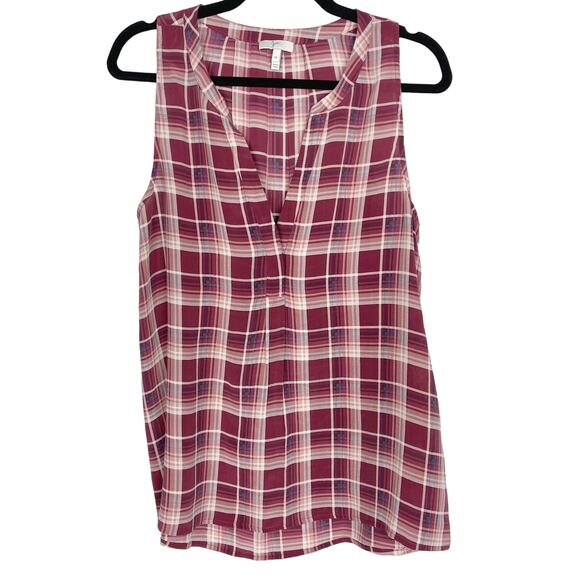 Joie Medium M Aruna Silk Plaid Sleeveless Blouse Top V Neck Red Pink Womens - Picture 1 of 12